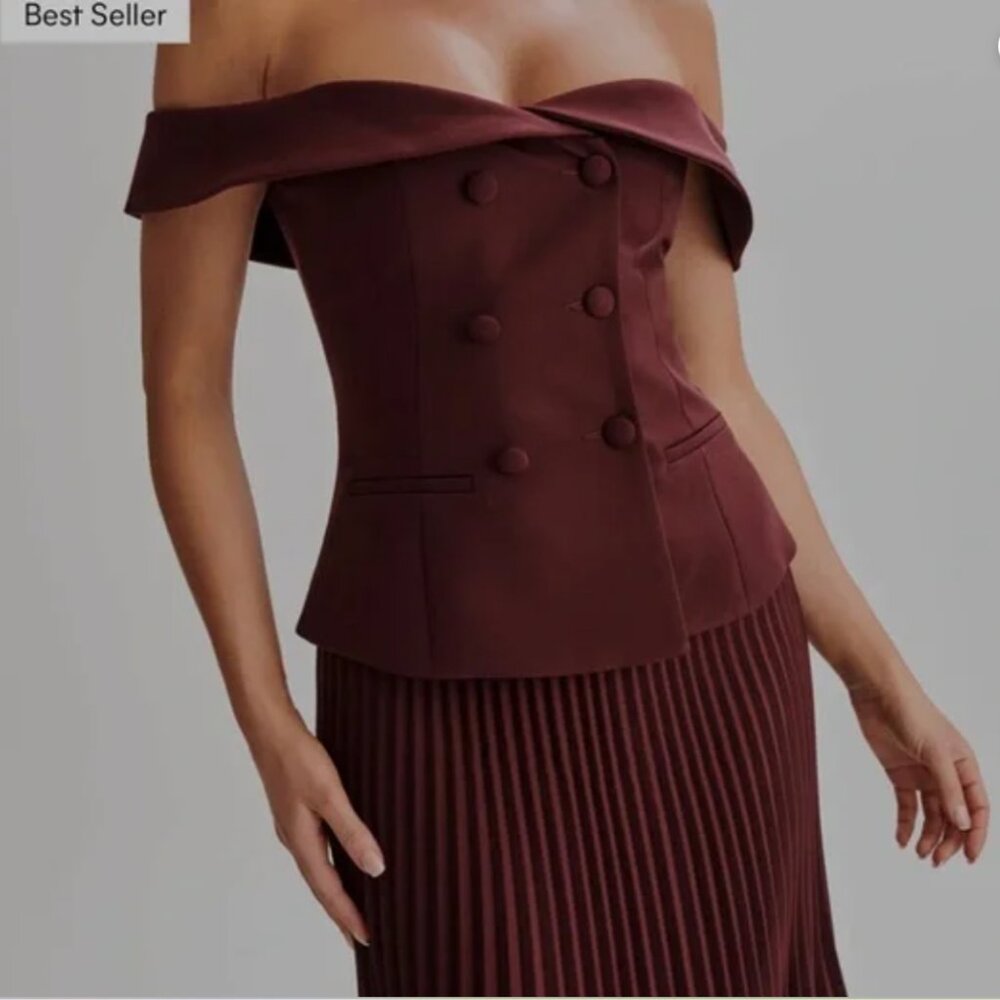 Meshki Burgundy Off-Shoulder Double-Breasted Maxi Dress